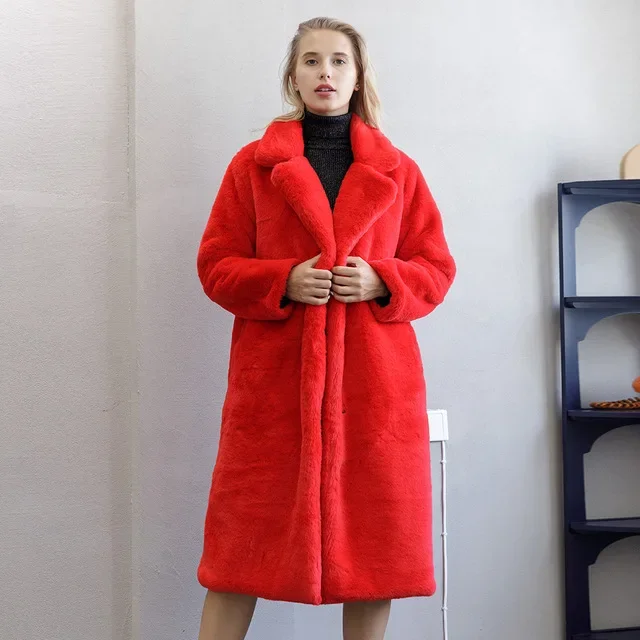 Faux Fur Coat Autumn and Winter Faux Rabbit Fur Coat Women's Extended and Thickened Warm Plush Coat