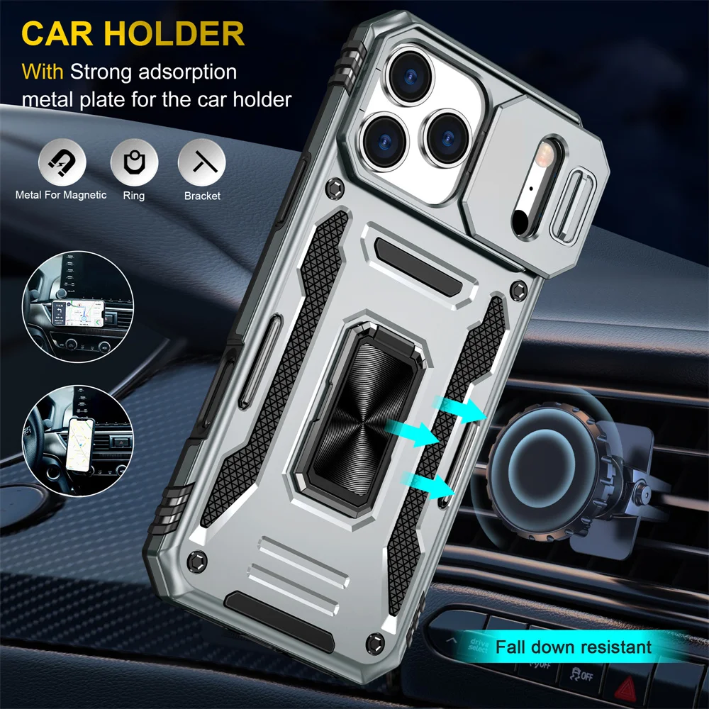 Rotating Magnetic Phone Case with Slide Camera Protector and Ring Stand Cover