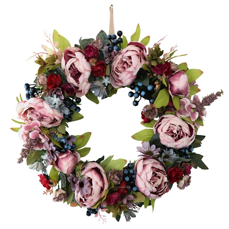 

Artificial Rose Peony Flower Wreath - Berry With Green Leaves Spring Wreath For Front Door Wedding Party Wall Home Decor