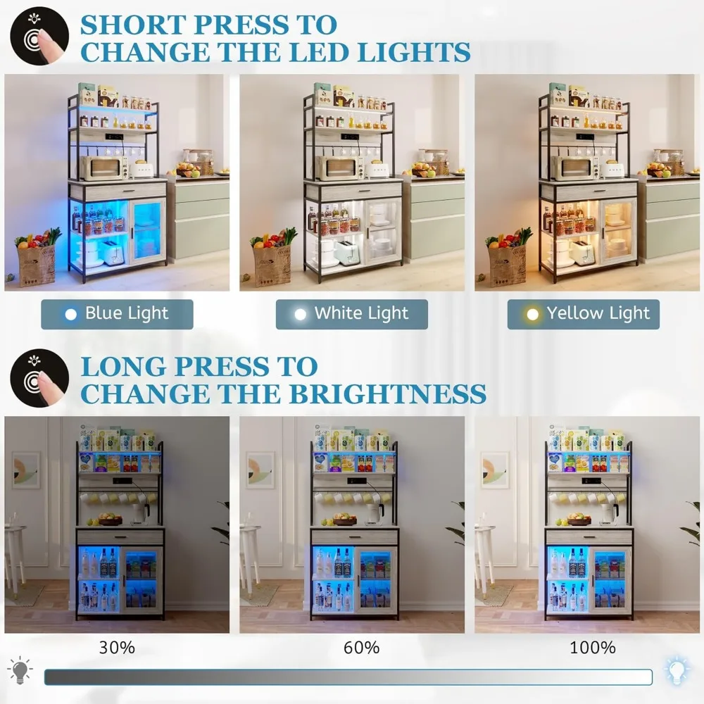 5-Tier Bakers Rack with Power Outlet, Kitchen Bakers Rack with Storage and Lights, Coffee Bar Table,Microwave Stand with 8 Hooks 3