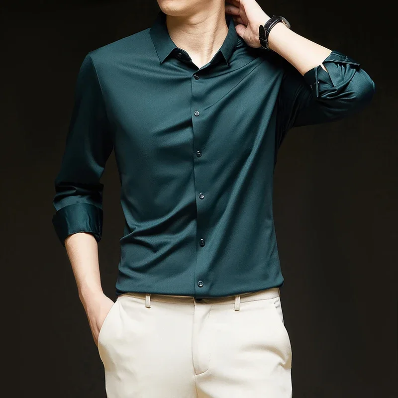 Luxurious Ultra-Stretch Slim-Fit Men's Shirt - Silky Business Formal Long-Sleeve for Versatile Wear