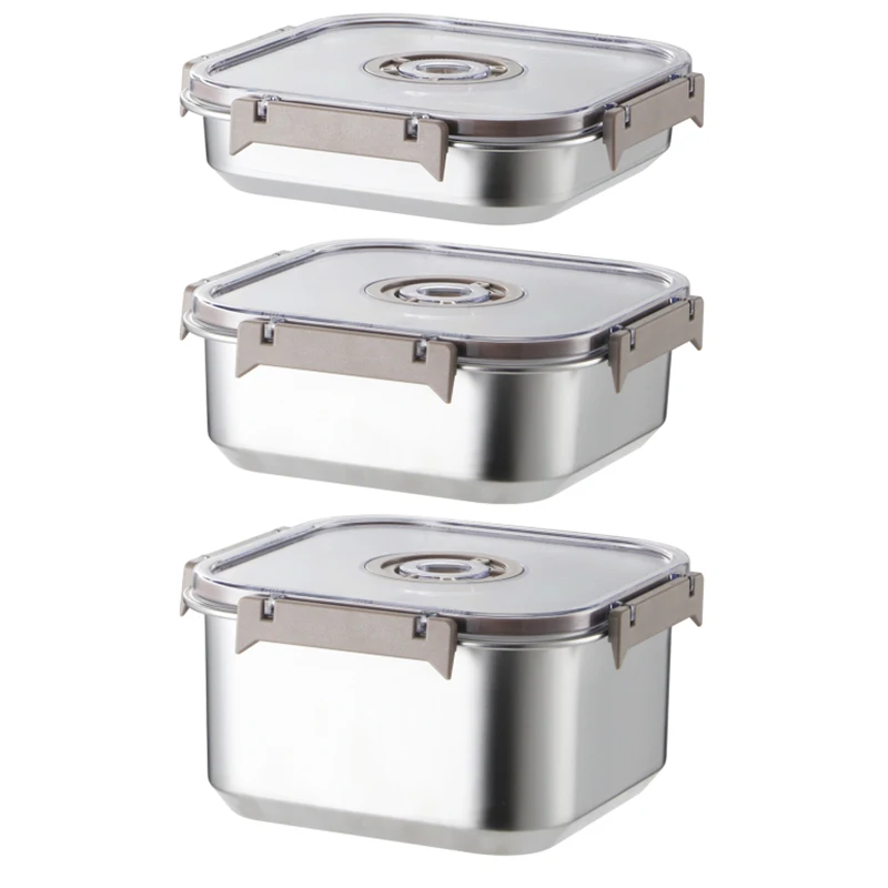 3pcs/Set Middle-sized Square Stainless Steel Food Storage Containers Preservation Box (1100/2000/3200ML)