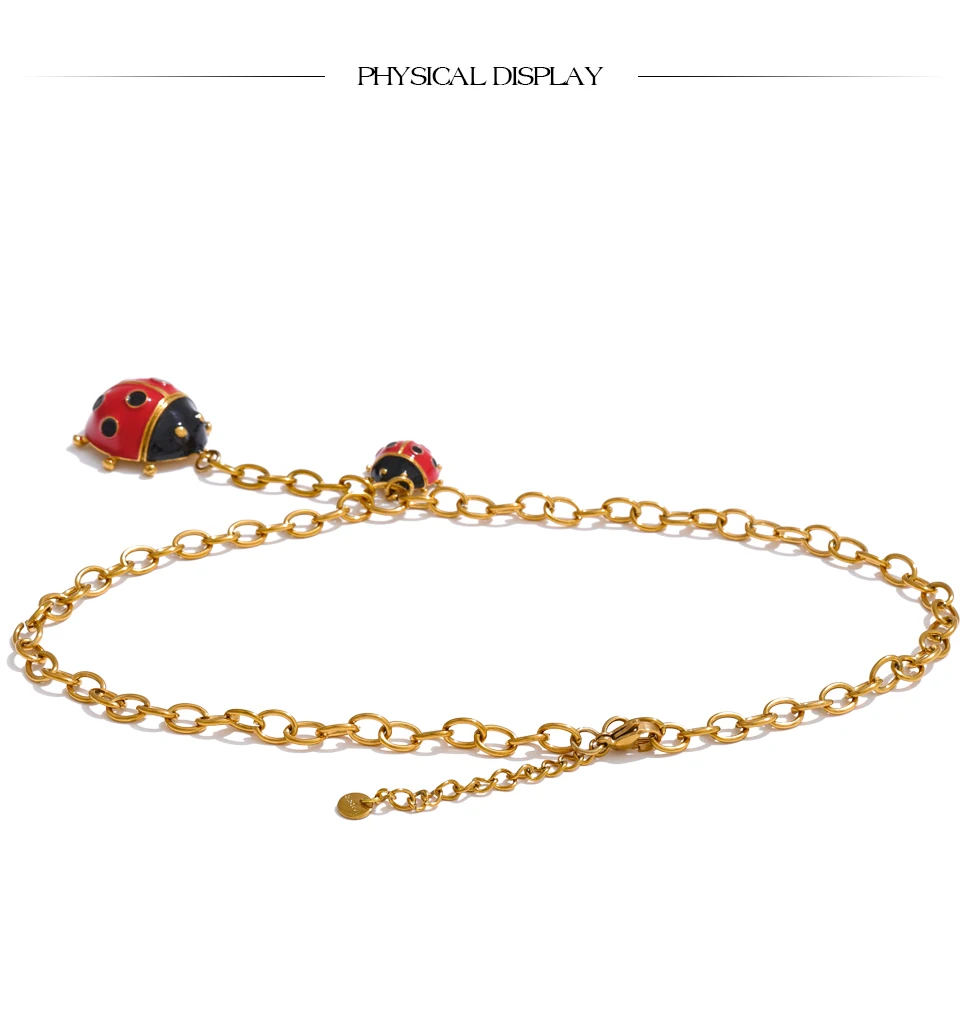 Yhpup Modische Halskette mit Anhänger aus rotem Insekt, Marienkäfer-Kette, rostbeständig, 18 Karat goldener PVD-beschichteter Edelstahl, süßer Schmuck – Detail 3