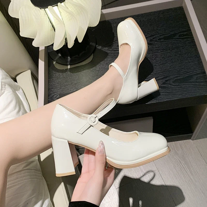 

Женские туфли на толстом каблуке, однотонные удобные туфли с круглым носком, без застежки, на высоком каблуке, модель 2024 на лето, 98933