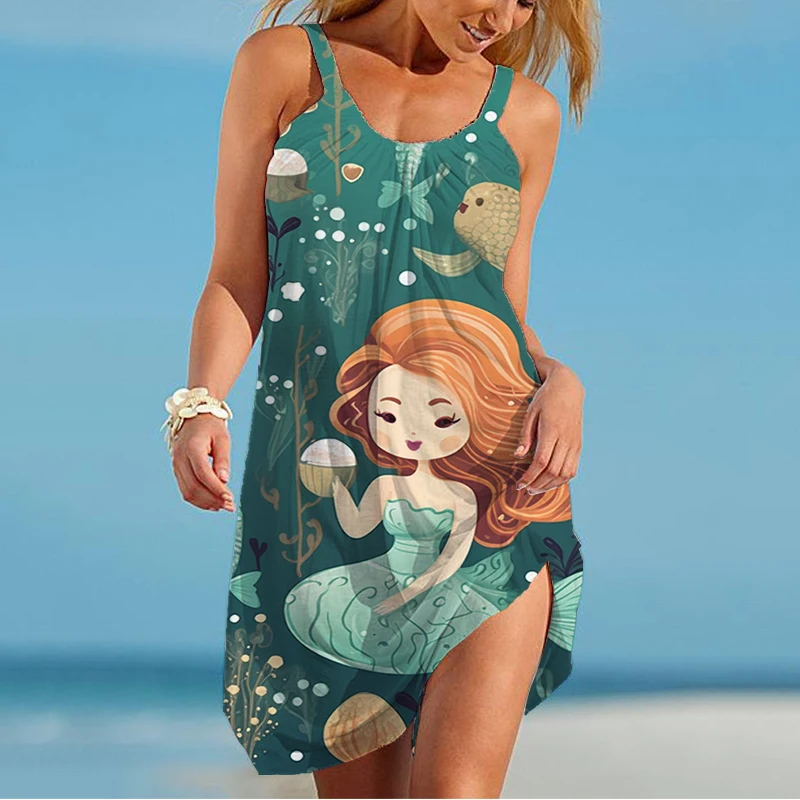 

Summer new ladies suspender dress Little Mermaid 3D printed lady camisole dress fashion trend casual ladies suspender dress