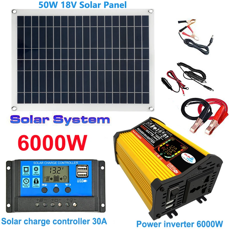 110V/220V Solar Power System 50W Solar Panel 30A Charge Controll 6000W DC to AC Inverter Power Generation Kit for Phone Outdoor