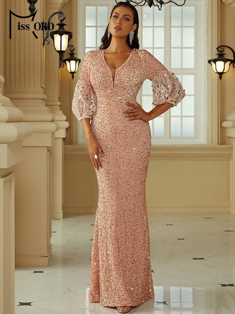 Long Sleeve Rose Gold Wedding Guest Dresses Evening Gowns For