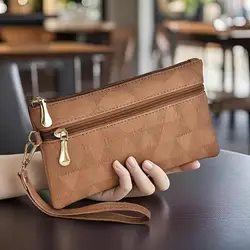 Elegant Leather Women's Wallet - Stylish Long Clutch with Zippered Money Pouch and Spacious Interior (Brown)