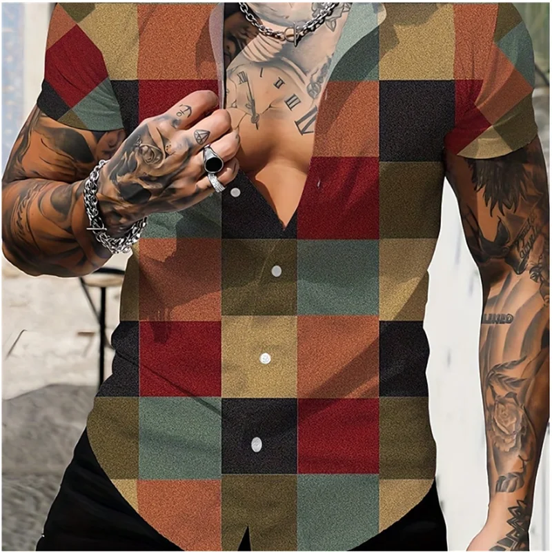 Color block plaid/plaid colorful casual men's shirt for daily wear, weekend outing, summer lapel short-sleeved 5XL fast shipping 6