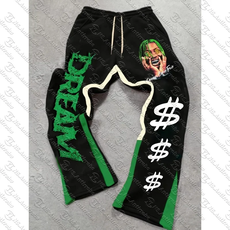 Trendige Street-Jogginghose für Herren – inspirierte schwarze und grüne Farbe – Blockmuster-Jogginghose mit TRAUM-Schriftzug und Dollarzeichen-Druck