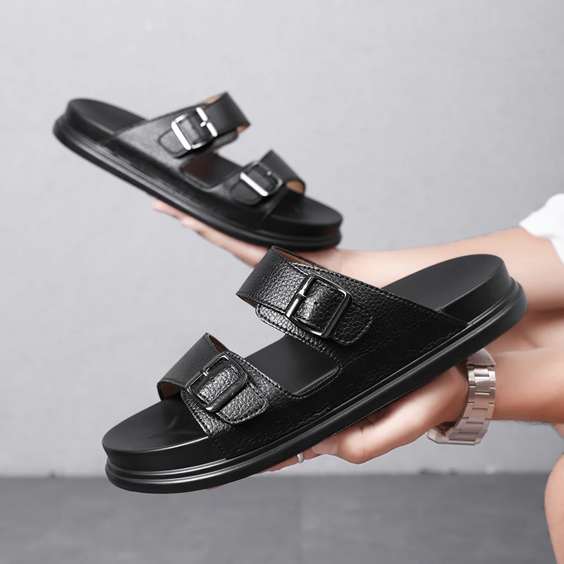 Men's Microfiber Leather Slippers External Wear Anti-slip Cool Double Button Flat Drag Beach Shoes soft slippers summer slippers anti slip sandals men shoes