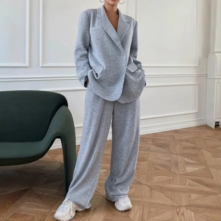 Pant Sets Matching Sets Zipper Blazers Double Breasted Long Sleeve Turn Down Collar Wide Leg Pants Loose Casual Solid 2025
