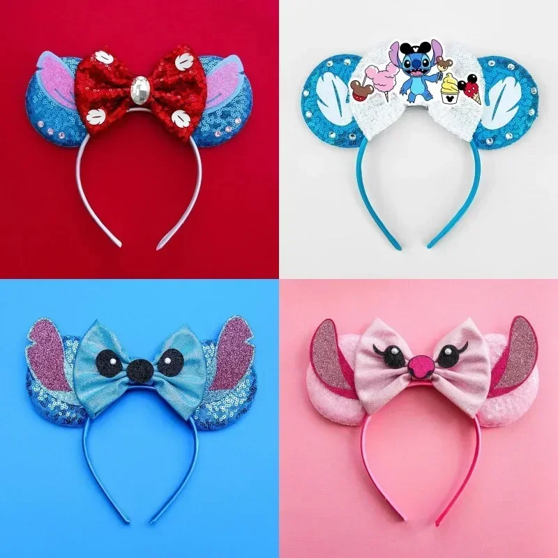 Disney Lilo & Stitch Hairdbands Women Cute Angel Ears Headbands Girls Flower Sequins Bow Hair Band Kids Leaves Hair Accessories