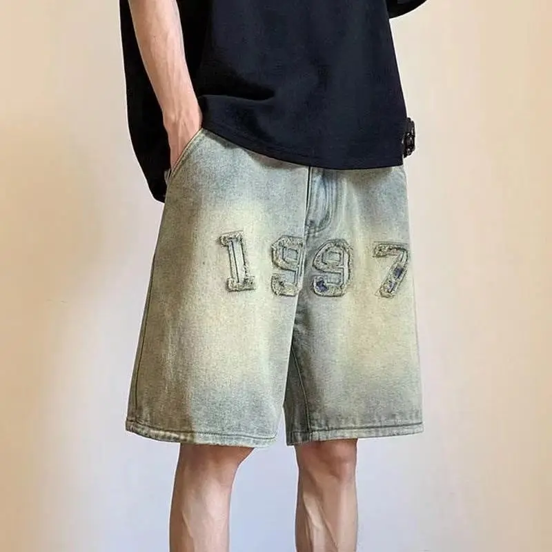 

Vintage Y2K Fashion Summer Jeans Shorts Make Old Denim Shorts Men Summer American High Street Loose Wide-leg Pants Straight Pant