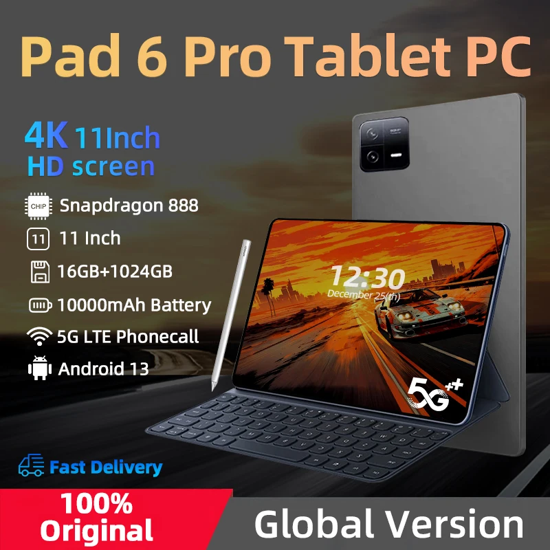 2024 오리지널 글로벌 버전 패드 6 프로 태블릿 PC, 스냅드래곤 888, 10000mAh, 안드로이드 13 RAM, 16GB ROM, 1TB, 5G HD, 4K 화면, 와이파이, 미 탭
