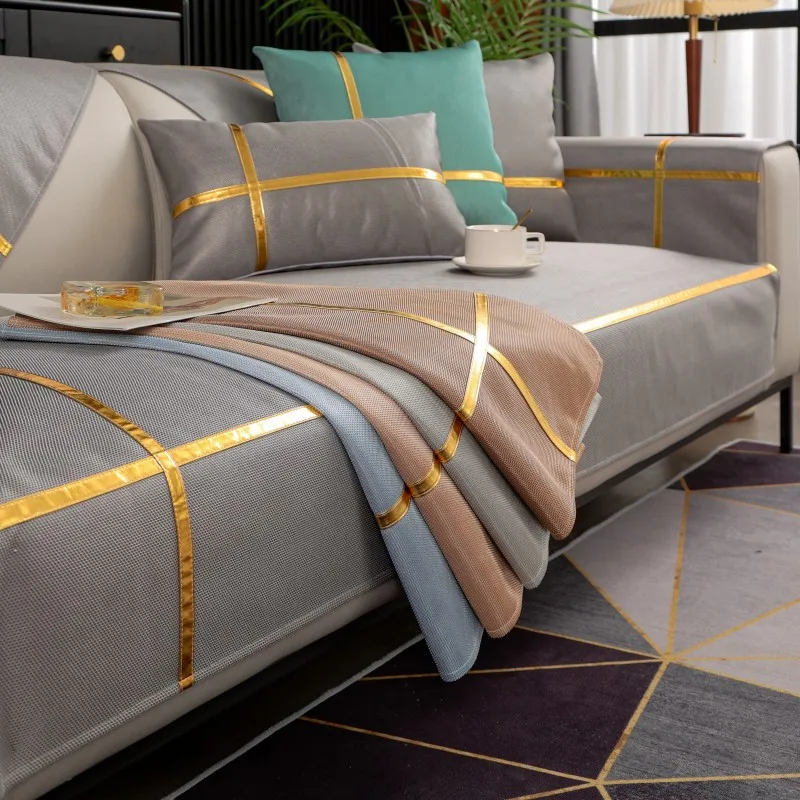 

Summer Ice Silk Sofa Cover Gold Edge Living Room Sofa Cushion Cover Breathable Comfortable Cool Cushion Non-Slip Sofa Cushion