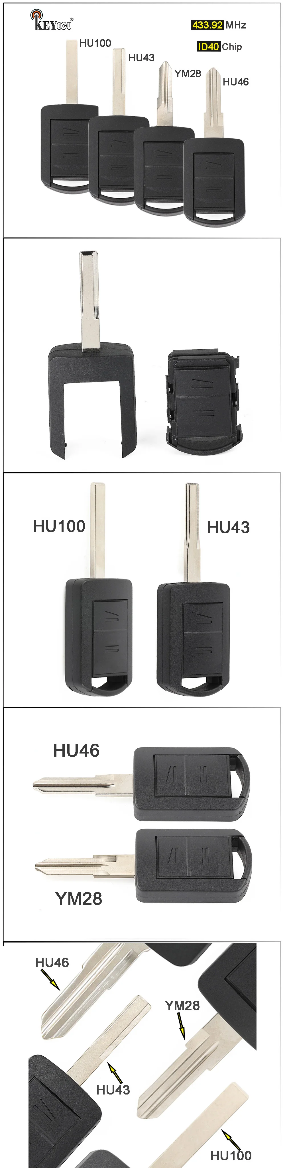 Keyforkess 433.92MHz ID40 Chip sostituzione 2 pulsanti portachiavi a distanza per Opel Corsa C Combo Meriva HU46/ HU43/ HU100/ YM28 Blade - S4fd88e3e5e5d428a813d477df301866eO
