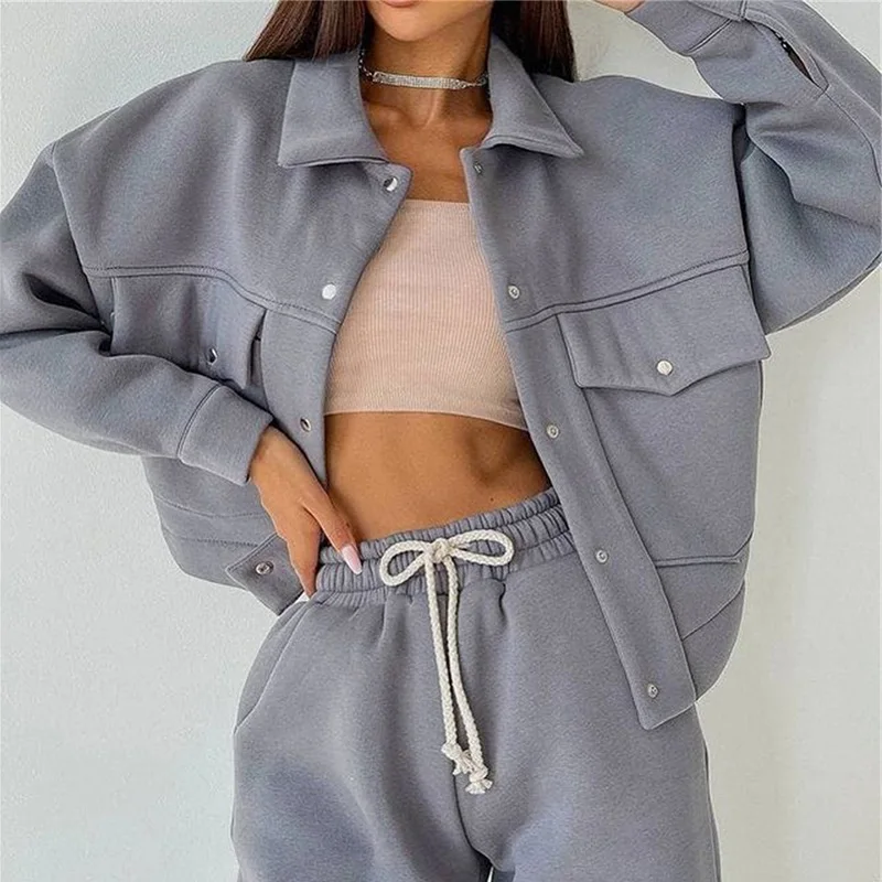 Autumn Winter Jackets Women Clothes Long Sleeve Turn Down Collar Button Pockets Coats and Sport Pants Casual Solid Two Piece Set