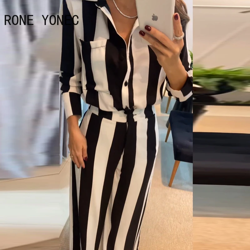 Women Striped Long Sleeves Turn Down Neck Wide Leg Casual Fashion Working Jumpsuit