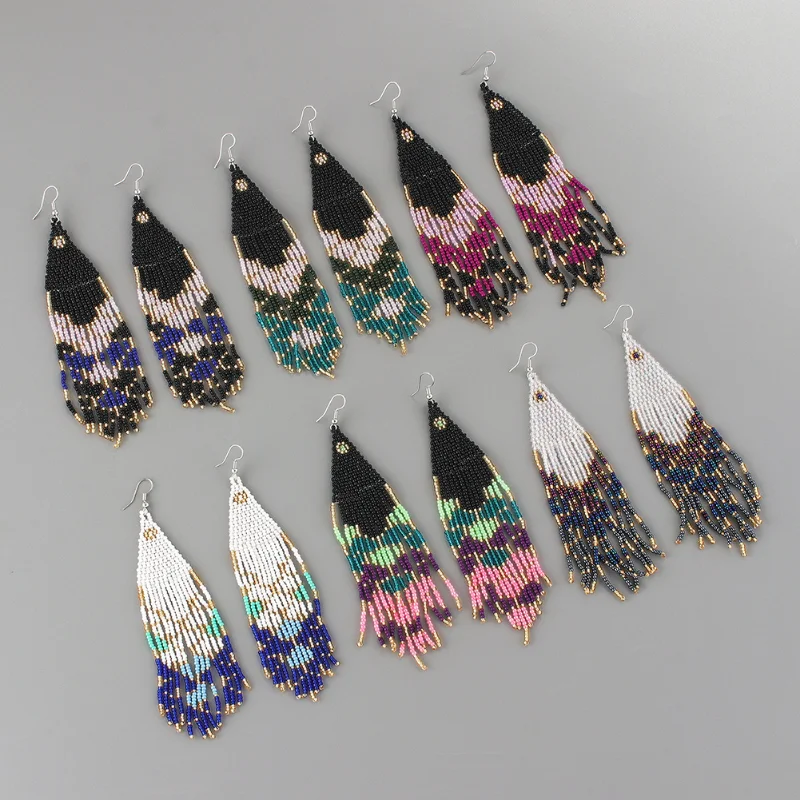 

New Elegant Ethnic Jewelry Boho Long Pearl Tassel Drop Earrings Handmade Colorful Bohemia Beaded Dangle Earrings for Women