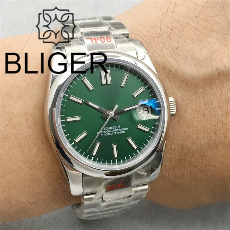 

Часы BLIGER с зеленым циферблатом, автоматические часы 36 мм/39 мм, искусственная кожа с синим сапфировым стеклом AR с линзами 100 м, водонепроницаемые NH35 Reloj Hombre