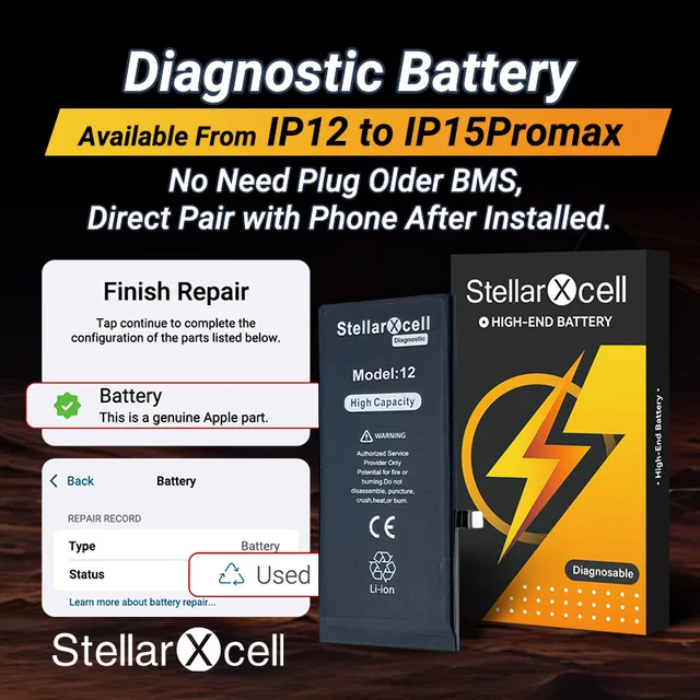 StellarXcell-Diagnostic Battery no pop up message for iphone 12pro 14Plus 15Promax 13mini battery replacement with free tools