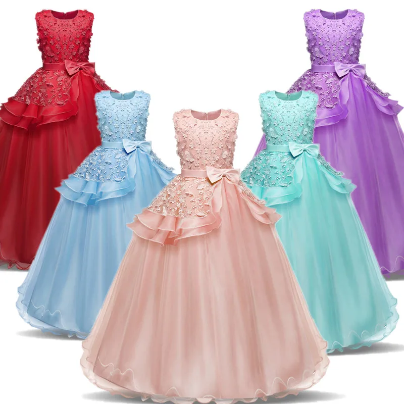 Girls Princess Dress Bridesmaid Flower Girl Long Gown For Wedding Kids