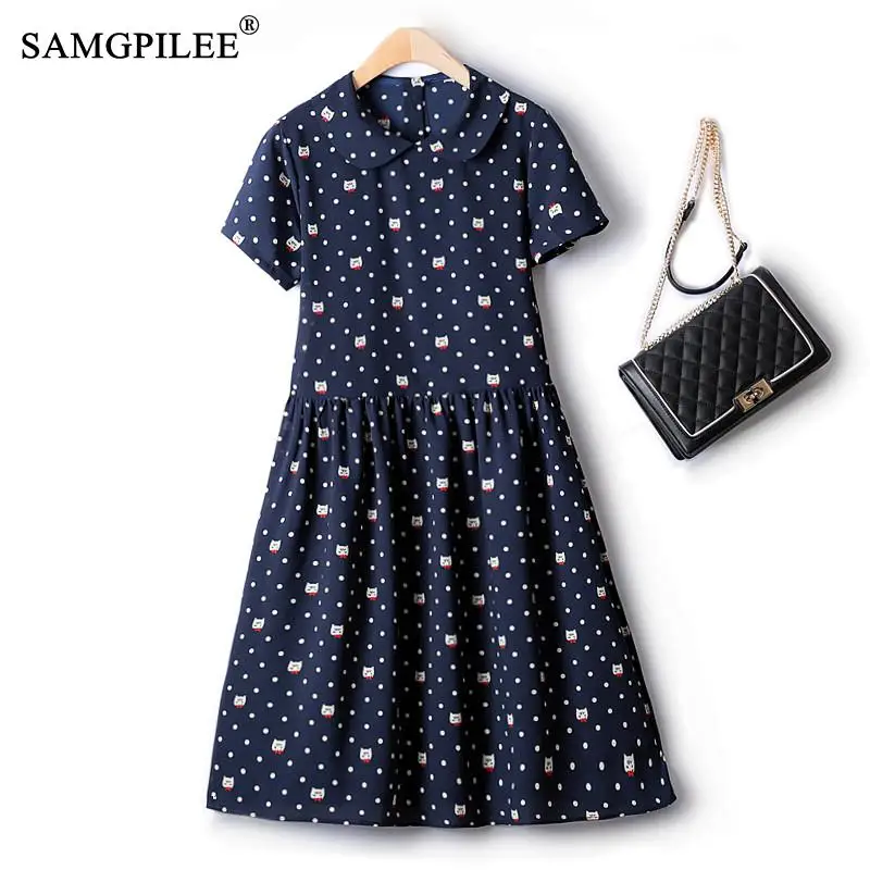 

Повседневные летние женские платья 2022, милое Плиссированное тонкое шифоновое платье средней длины с мультяшным кукольным воротником и поясом на талии, 4XL