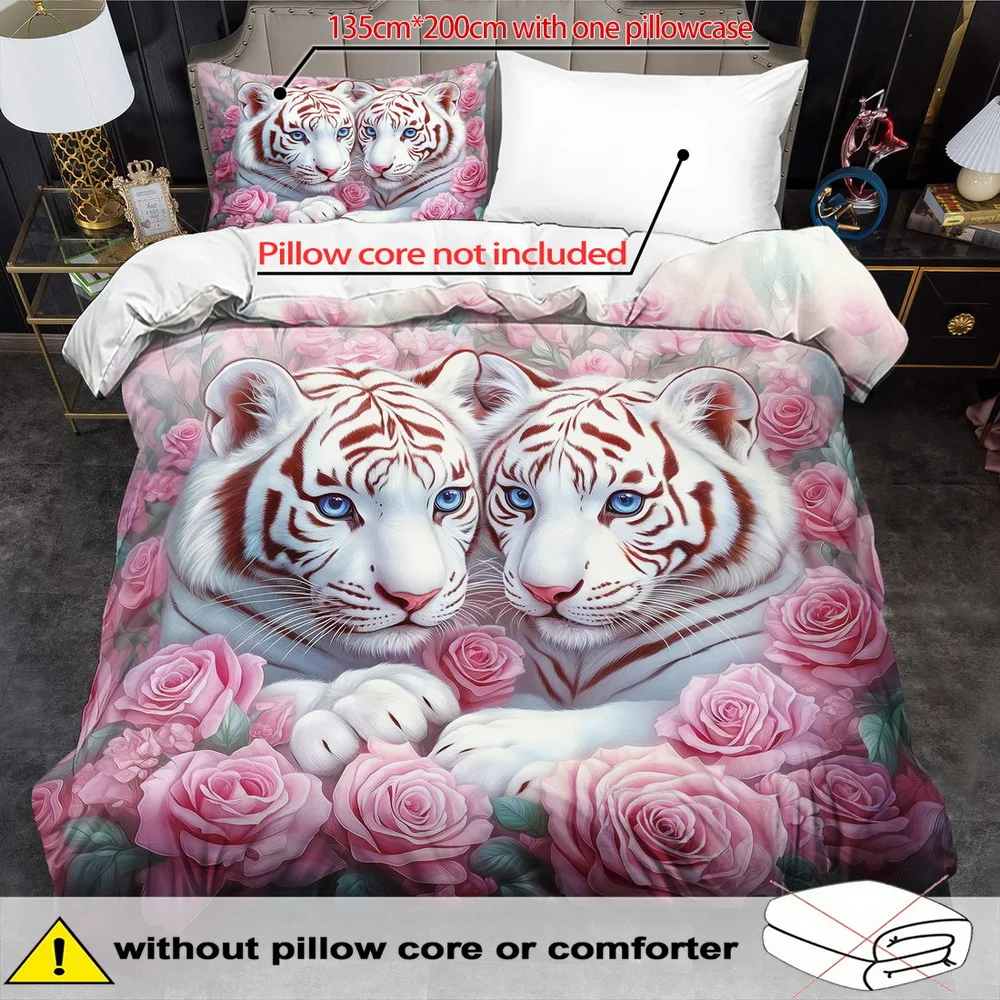 Kaijit White Tiger Theme Duvet Cover Set - 2/3pcs, Soft, Comfortable And Breathable, Animal Flower Pattern Print Bedding Set