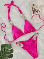 Sexy Rhinestone Bikini 2025 Women Luxury Hot Pink Diamond Push Up Thong Swimsuit Summer Bathing Suit Two Piece Swimsuit Biquini
