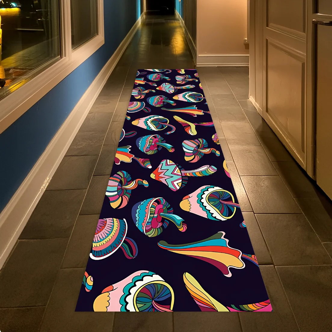 Arte psicodélica padrão abstrato corredor tapete negrito cor contraste design retro hippie perfeito para corredor decoração de casa