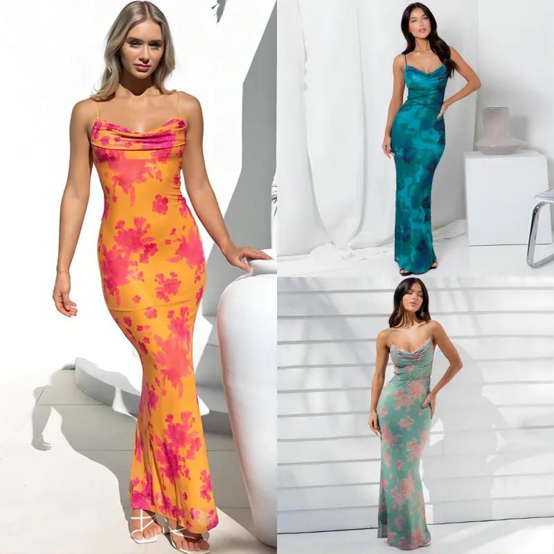 

2024 New Summer Oversized High Waist Elegant Fashion Women's Clothing Print Sexy One Shoulder Sling Long Skirt Polyester Dresses