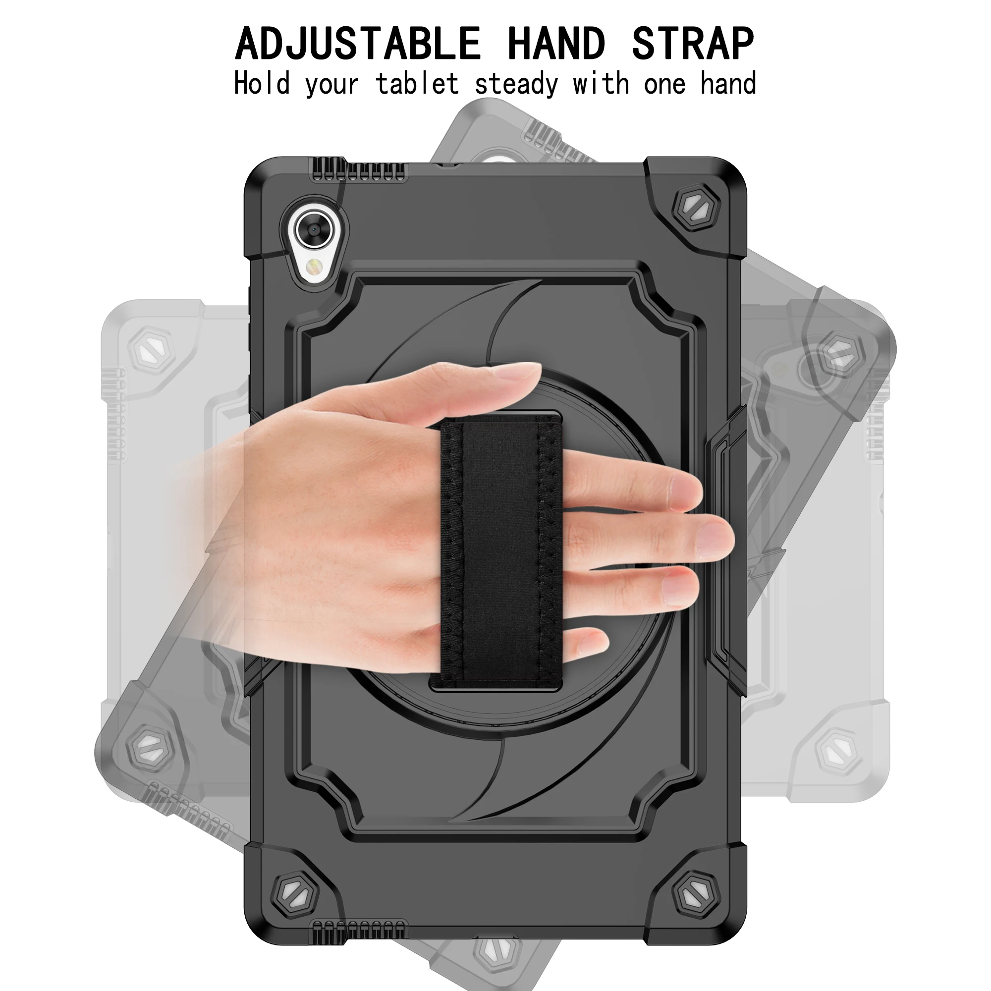 Heavy Duty Shockproof Tablet Case with 360° Rotatable Kickstand, Hand Strap, and Shoulder Strap