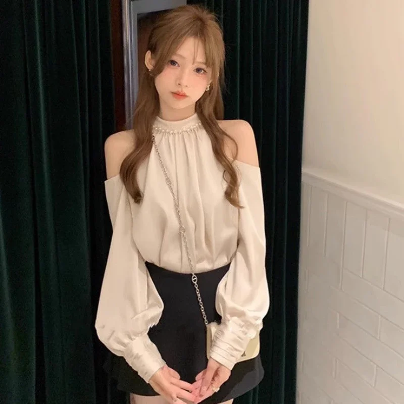 

Spring Women Design Sense Fashion Halter Shirt Off-the-Shoulder Top Korean Style Unique Chic Loose Short Female Long Sleeve