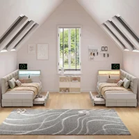Rosahqnda Lit enfant 90x200cm, lit rembourré avec USB et lumière LED, canapé-lit simple avec 2 tiroirs, tissu en lin, sans matelas 1