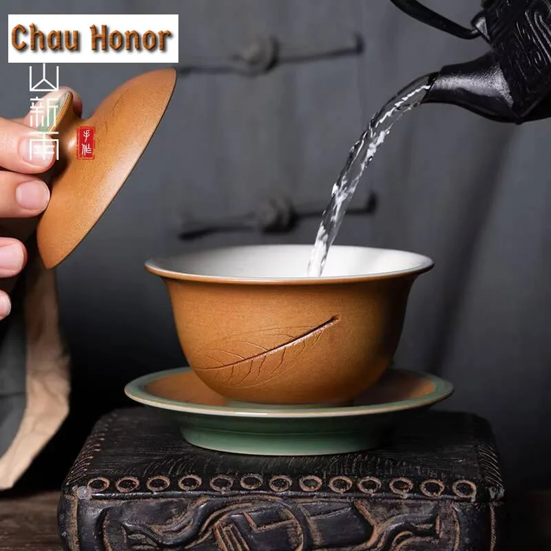 190ml Handmade Longquan Celadon Gaiwan Boutique Fallen Leaves Tea Tureen Tea Making Cover Bowl Tea Ceremony Collection Gift Box