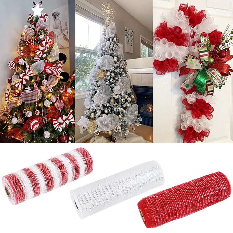 10Yards Christmas Gauze Ribbons 2024 Xmas Tree Candy Cane Decoration DIY Door Wreaths Navidad Noel Gifts Happy New Year 2025