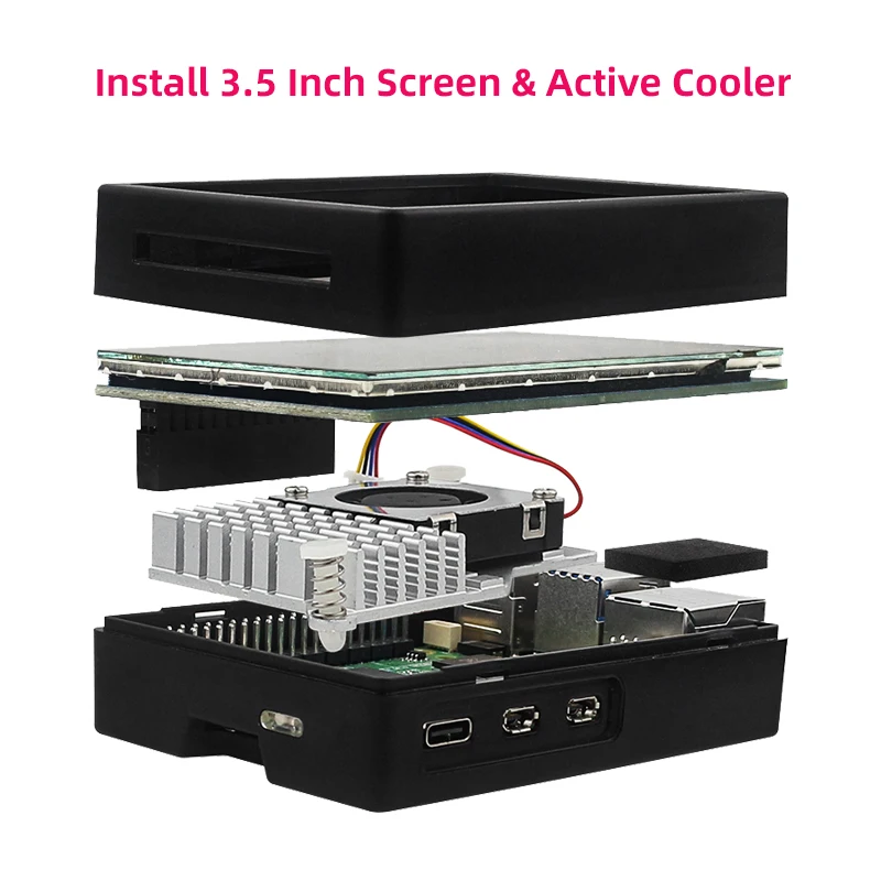 Sleek Black & Silver Raspberry Pi 5 ABS Case with Optional Cooling Fan & Screen Support