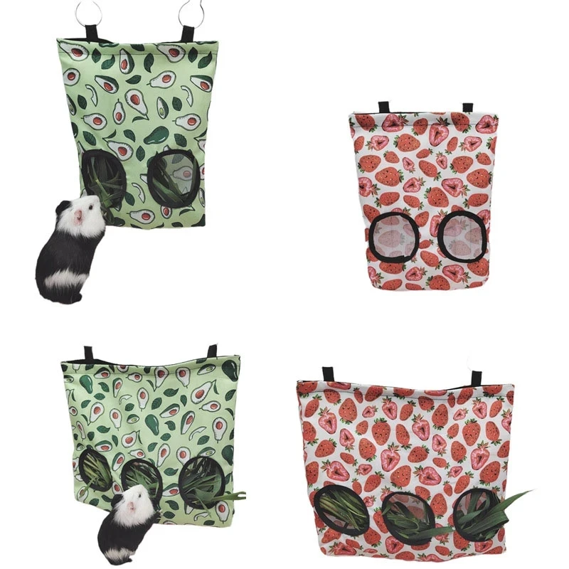 Guinea Pigs 2/3 Holes Hay Feeding Bags Strawberry Printed Rabbit Hanging Feeder Chinchilla Food Organizer Pet Cage Supplies