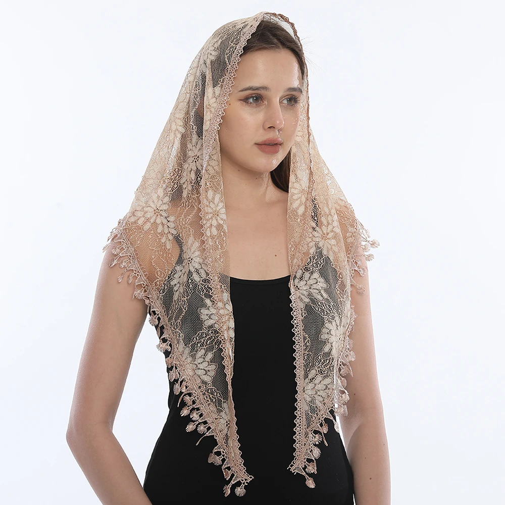 Embroidered Scarf for Church Shawl with Spanish Fringes Christian Veil Spanish Mantilla Lace Shawl Floral Women Handkerchief 5