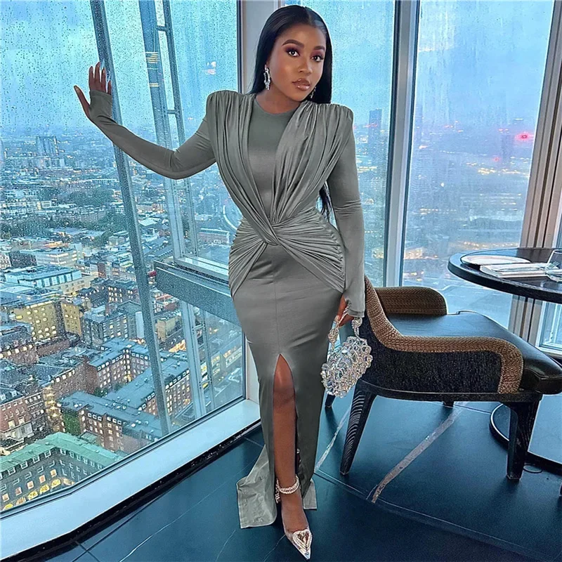 

Elegant Cross Twist Bodycon Maxi Evening Party Dress Women Gloves Full Sleeve High Split Stretch Long Birthday Robe Clubwear