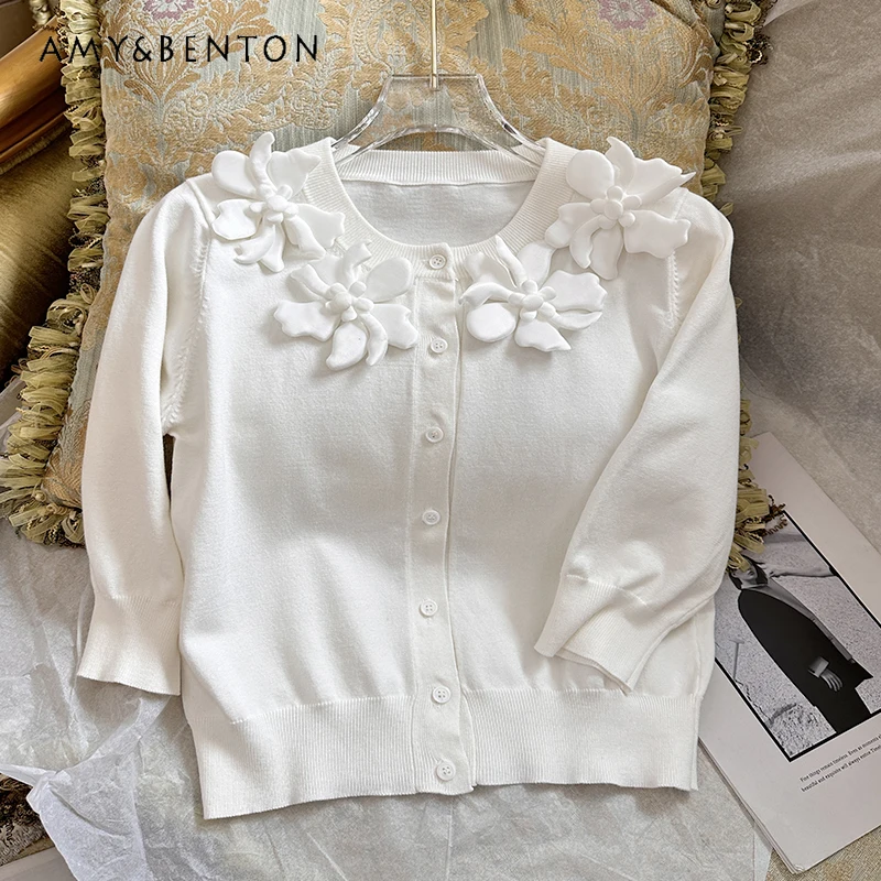 

2024 Spring Summer New Graceful Thin Three-Dimensional Flower White Sweaters French Temperament Single-Breasted Cardigan Women