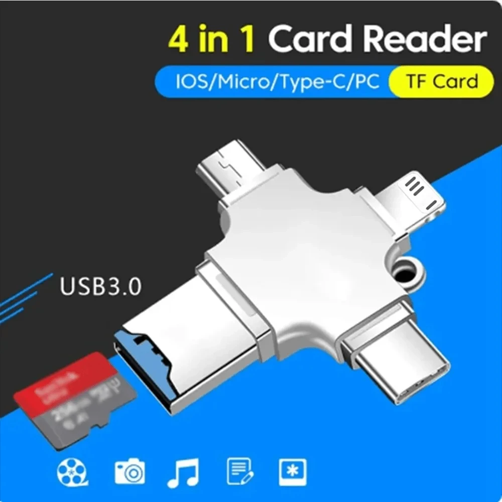 4 in 1 Metal USB 3.0 / USB-C / Lightning Flash Card Reader for Memory Card Micro Mini SD card Adapter Reader For Phone