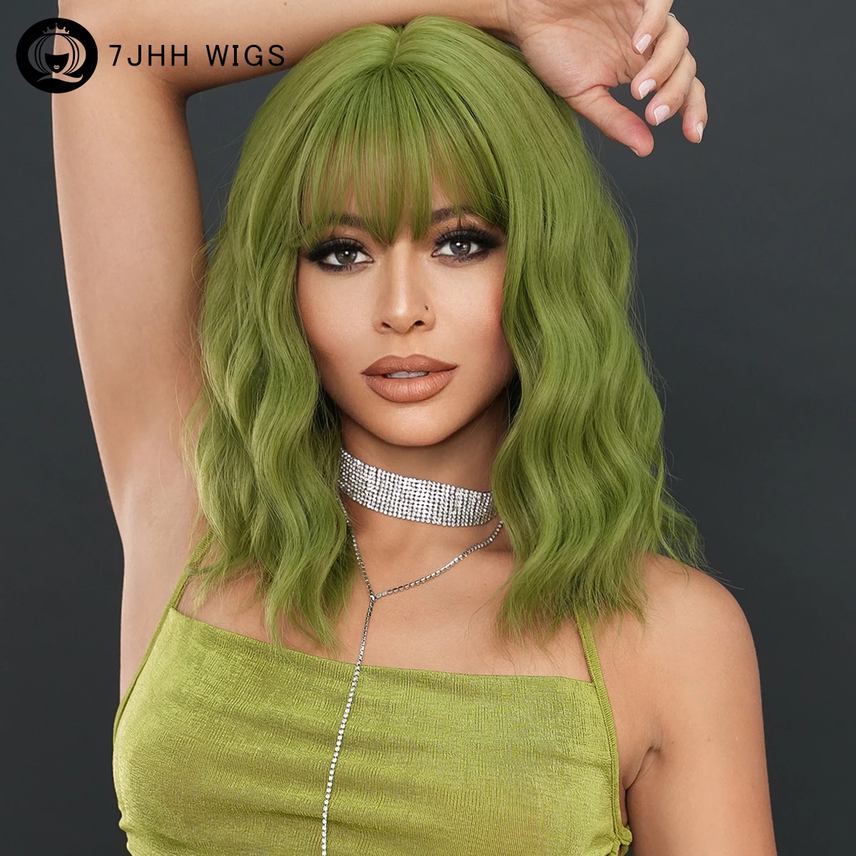 

7JHH WIGS Shoulder Length Layered Wave Green Bob Wig for Women Daily Party High Density Synthetic Wavy Hair Wigs with Bangs