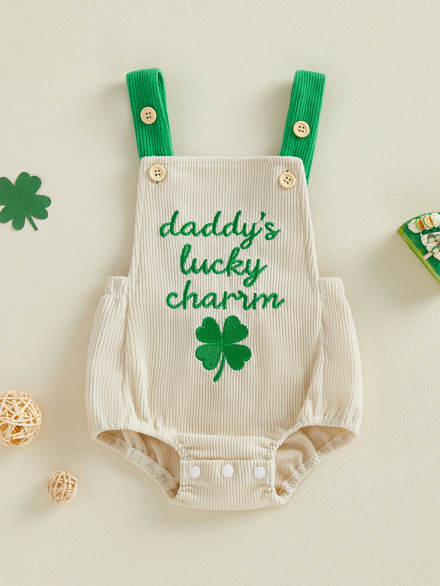Infant Girls St Patrick s Day Jumpsuit Sleeveless Shamrock Embroidery Ribbed Overalls with Ruffle Trim