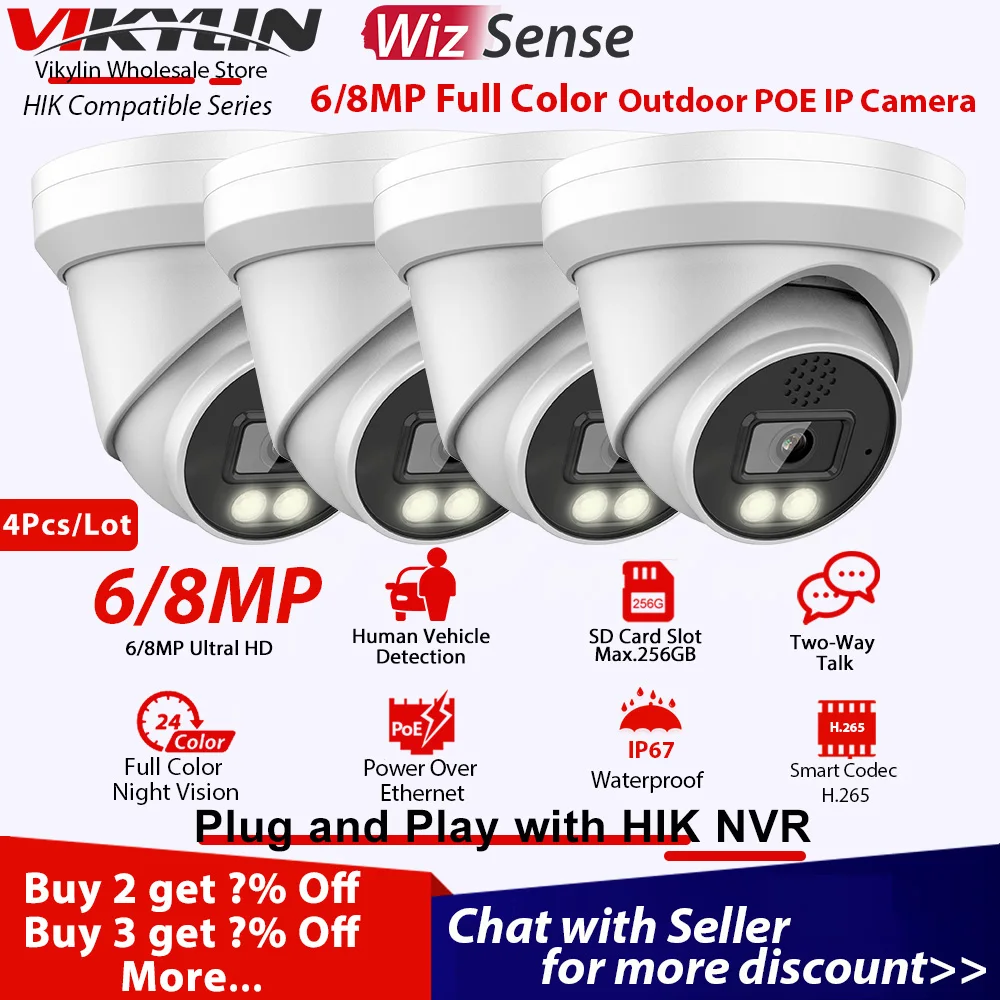 

IP-камера видеонаблюдения Vikylin, 8 Мп, 4K, протокол ColorVu Hik, Onvif, 6 МП, POE, датчик присутствия, двусторонняя связь, 4 шт.