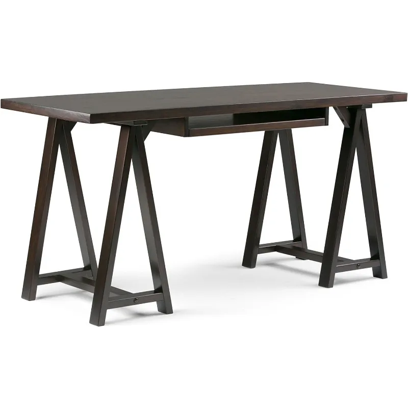 

SIMPLIHOME Sawhorse SOLID WOOD Modern Industrial 60 inch Wide Home Office Desk, Study Table Furniture in Dark Chestnut Brown