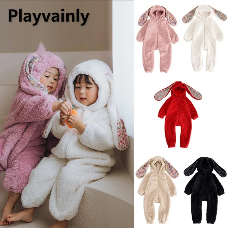 

Baby and Toddler Warm Big Ear Jumpsuit Spring Autumn Cartoon Long Sleeve Zipper Hooded Plush Rompers Children Clothes E22086