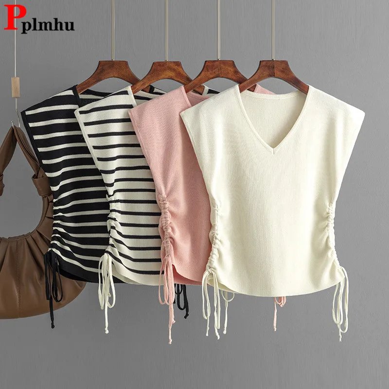 T-Shirt Da Donna Senza Maniche In Maglia Di Ghiaccio Slik Top Estate Sottile Scollo A V Maglieria Ritagliata Camisetas Coreano Chic Con Coulisse Slim 