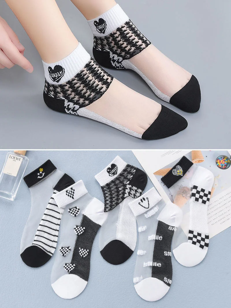 

Summer New Crystal Socks Women's Ins Tide Glass Silk Socks Thin Section Breathable Sweat-absorbing All-match 5 Pairs Polyester
